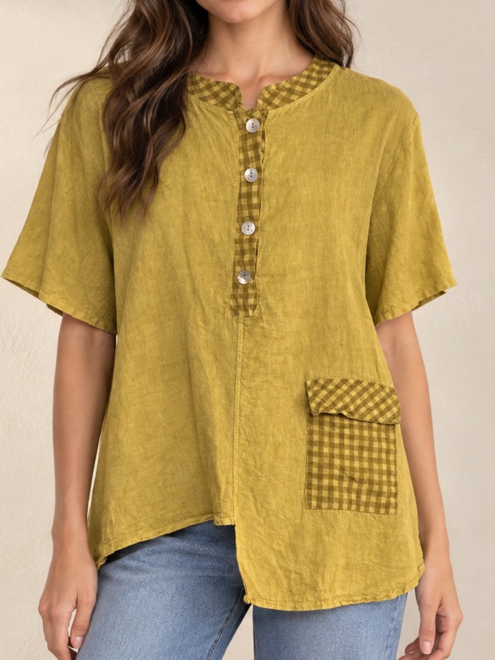 Made in Italy Linen Olive Short-Sleeve Henley Tunic Top With Gingham Pocket
